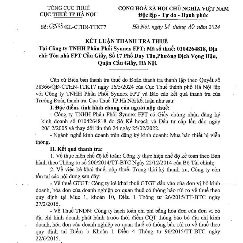 Công ty Synnex FPT bị kiểm tra thuế