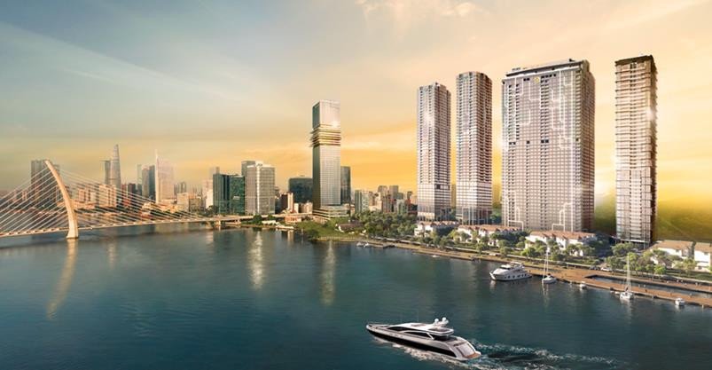 Công viên Lá Sen tại Grand Marina, Saigon với hồ cảnh quan lớn trên nền ụ tàu lịch sử Ba Son