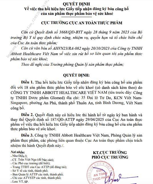 Cục An toàn thực phẩm ra quyết định thu hồi hiệu lực đăng ký 18 sản phẩm thực phẩm bảo vệ sức khỏe của Abbott Healthcare Việt Nam