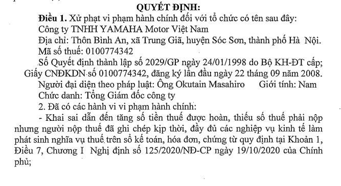 Cục thuế Hà Nội ban hành quyết định xử phạt thuế Yamaha Motor Việt Nam