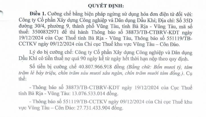 Cục thuế ra quyết định cưỡng chế đối với Công ty cổ phần Xây dựng Công nghiệp và Dân dụng Dầu khí PXI do nợ thuế