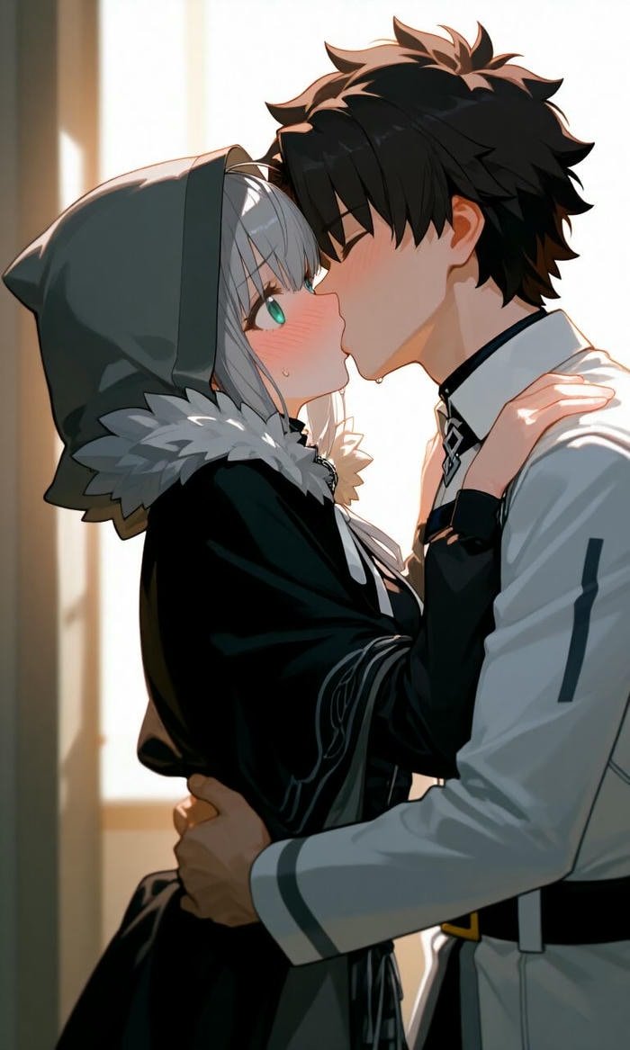 đôi anime hôn bên cửa sổ