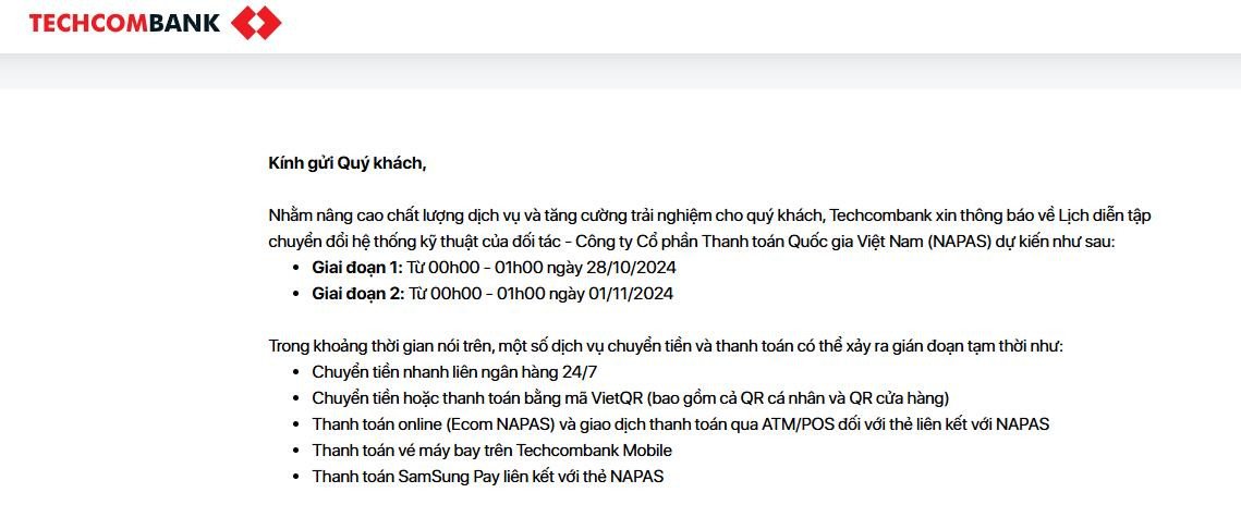 Giao diện ứng dụng Techcombank, bị ảnh hưởng bởi gián đoạn dịch vụ NAPAS