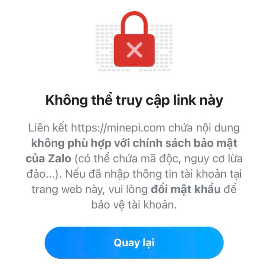 Giao diện Zalo hiển thị cảnh báo rủi ro an ninh khi truy cập website Pi Network minepi.com