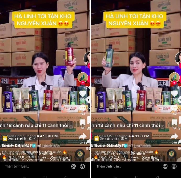Hai sản phẩm dầu gội Nguyên Xuân được nữ TikToker Hà Linh giới thiệu chào bán với mức giá hấp dẫn trong livestream ngày 4/4