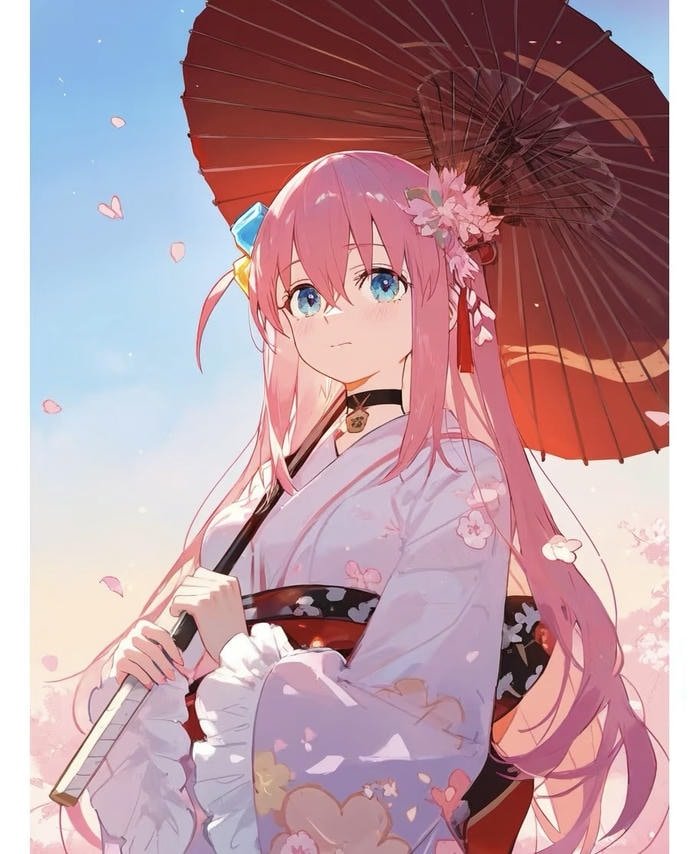 hình ảnh anime cô gái kimono che ô đỏ