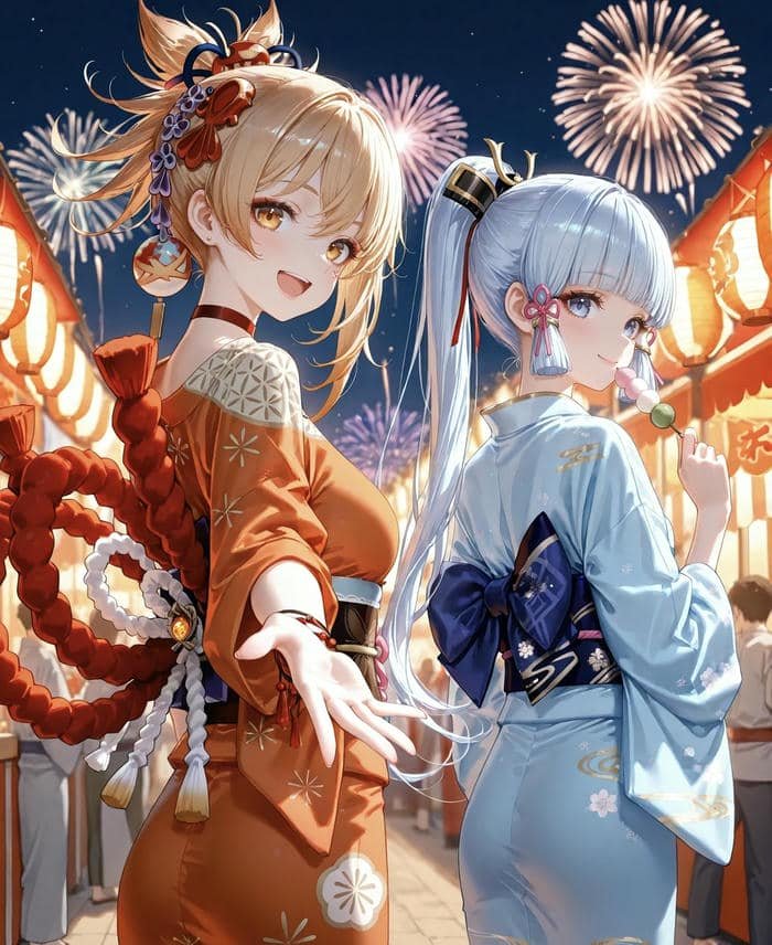 hình ảnh anime cô gái kimono dưới pháo hoa