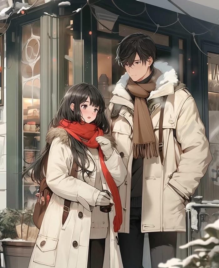 hình ảnh anime đôi trước cửa tiệm