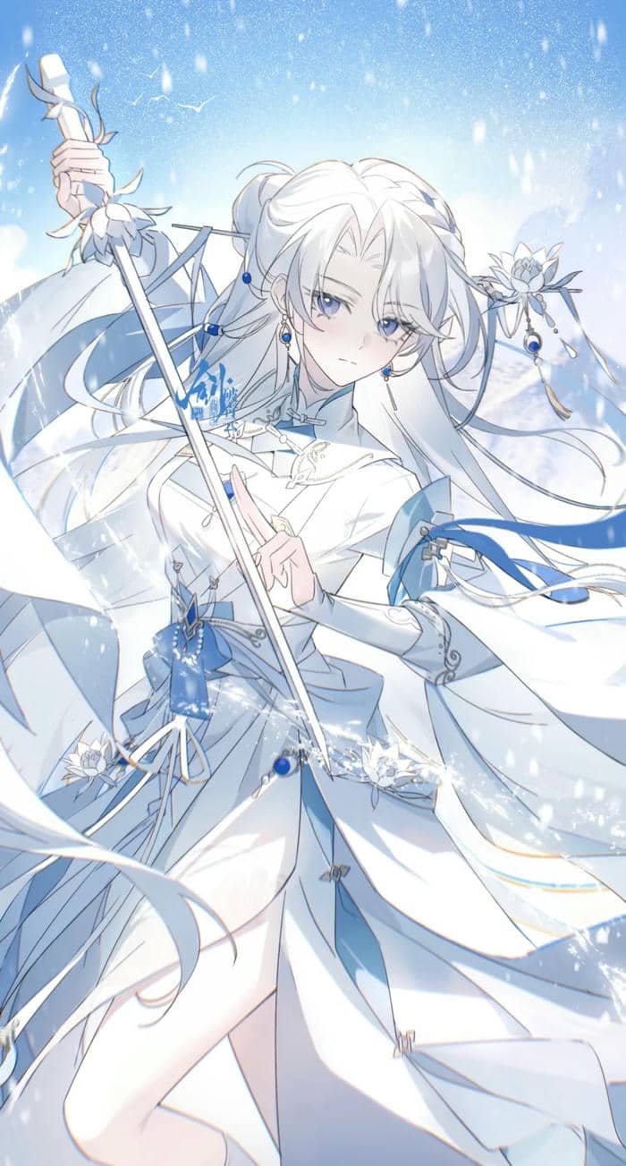 hình ảnh anime girl tóc trắng dùng kiếm