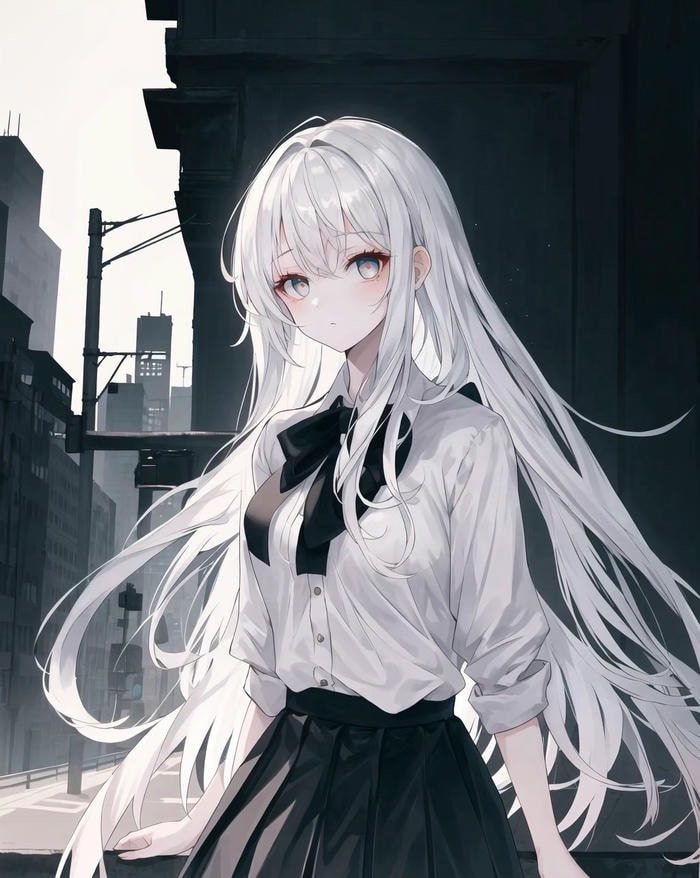 hình ảnh anime girl tóc trắng trên phố