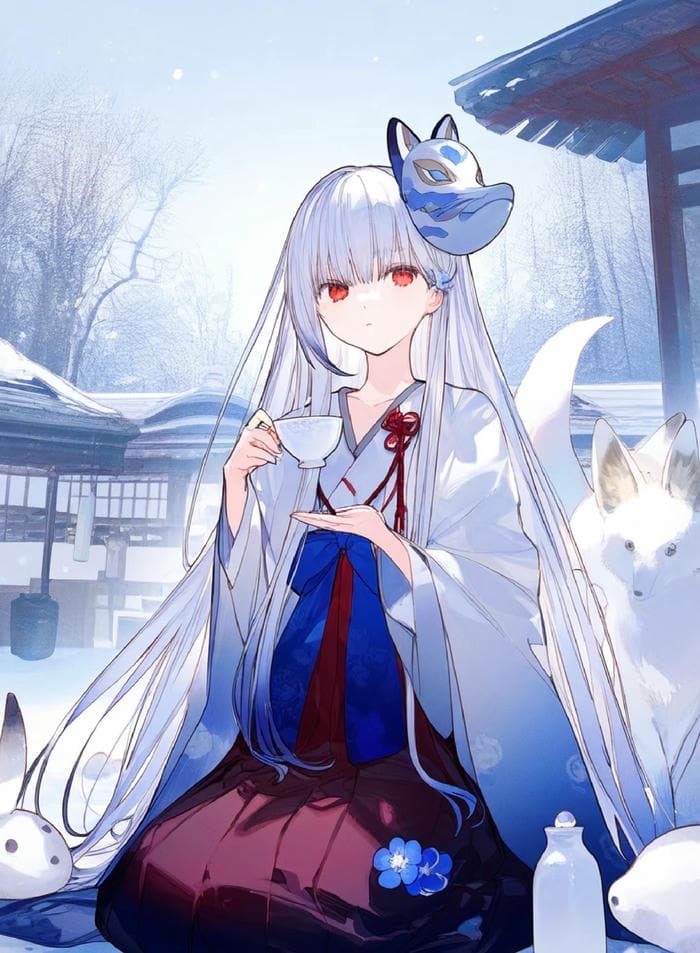 hình ảnh anime girl tóc trắng trong trời tuyết