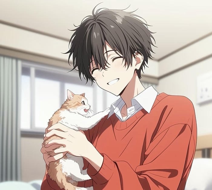 hình ảnh anime nam chơi với mèo