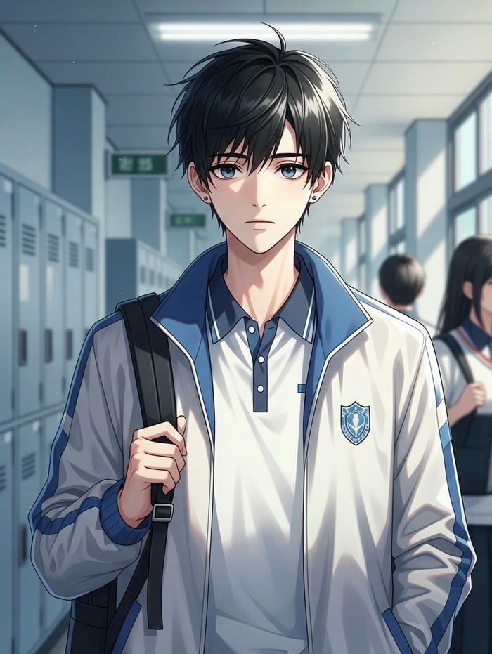 hình ảnh anime nam học sinh đứng dưới hành lang trường