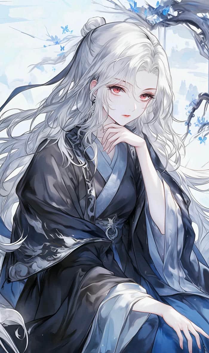 hình ảnh anime nữ cổ trang tóc trắng