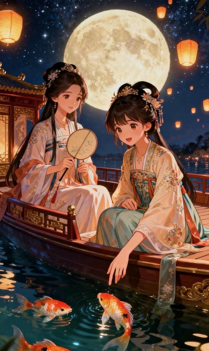 hình ảnh anime nữ cổ trang trên thuyền