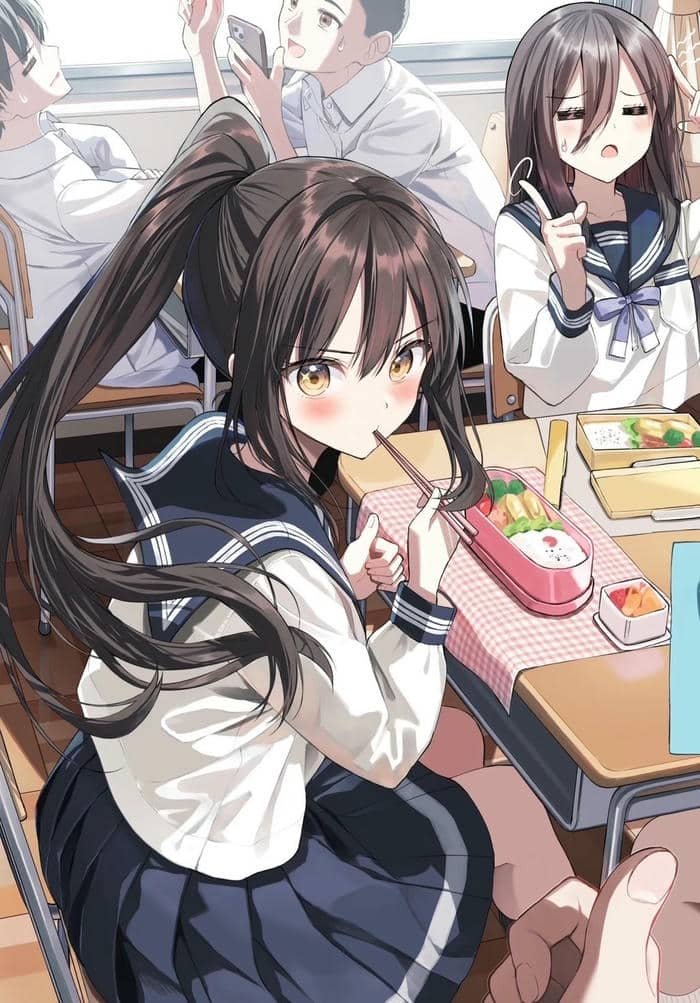 hình ảnh anime nữ học sinh ăn trong lớp
