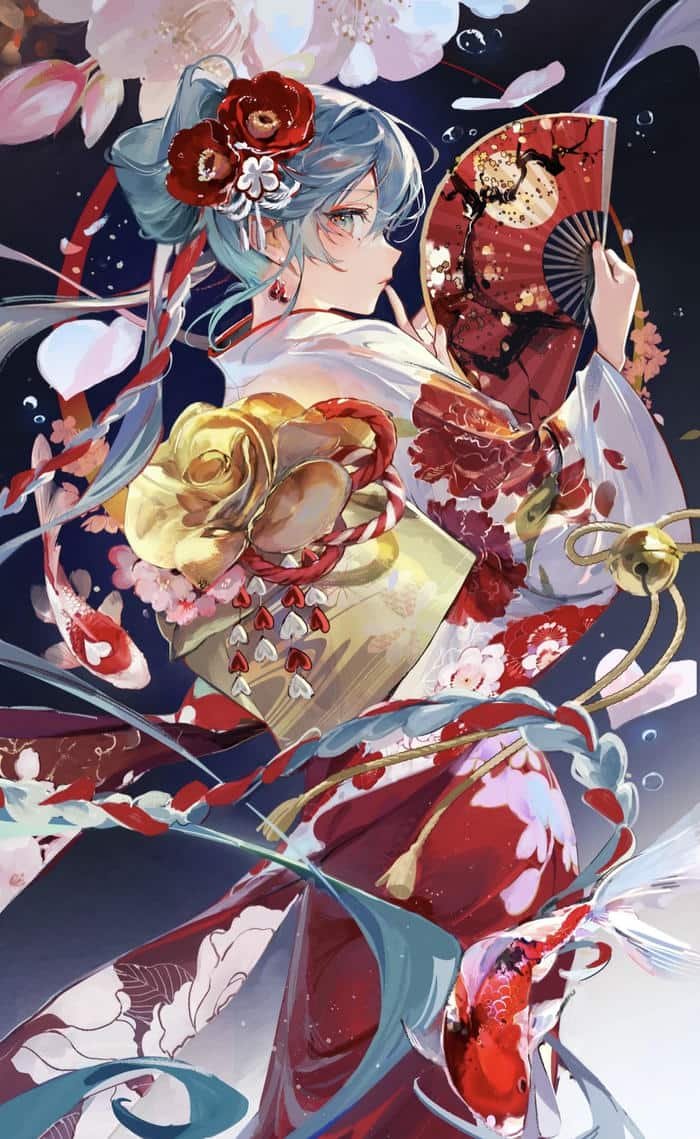 hình ảnh anime nữ kimono sắc màu