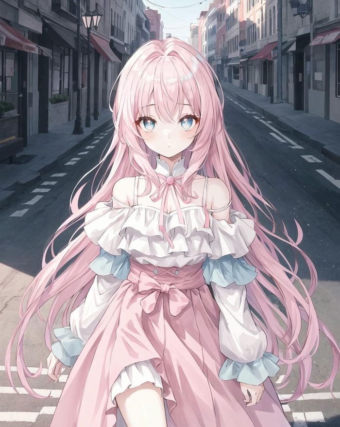 hình ảnh anime nữ tóc hồng trên đường phố