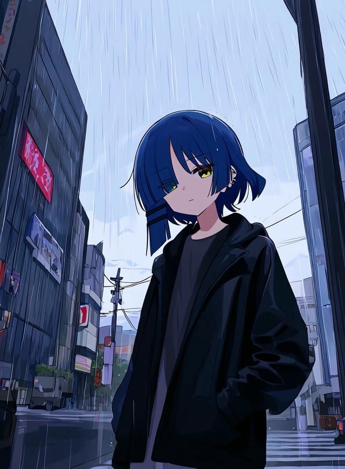 hình ảnh anime nữ tóc ngắn dưới mưa rơi