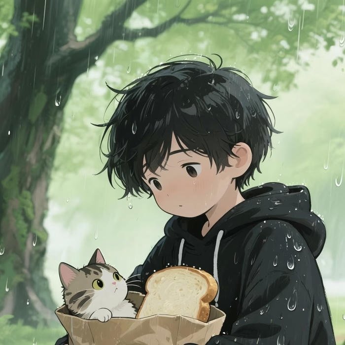 hình ảnh avatar anime nam che mèo trong mưa
