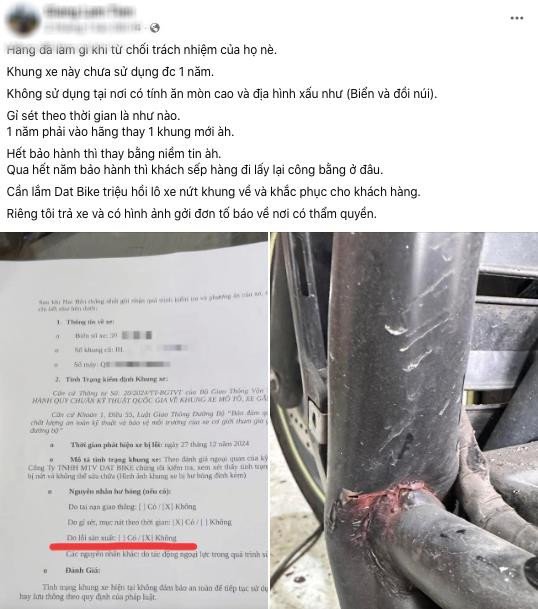 Hình ảnh khớp hàn khung trước Dat Bike Quantum đời đầu bị gỉ sét và nứt