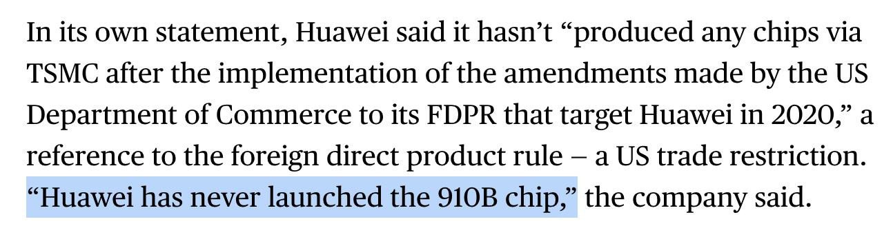 Hình ảnh màn hình báo cáo Bloomberg về phản hồi của Huawei về chip Ascend 910B