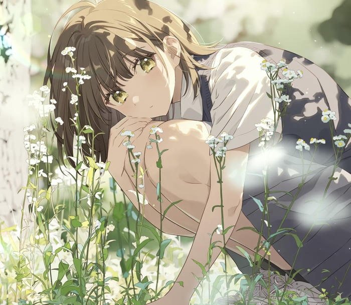 hình ảnh nhân vật anime nữ nhìn hoa