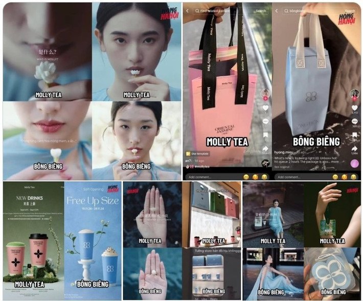 Hình ảnh so sánh thiết kế và quảng cáo trà sữa Bông Biêng và Molly Tea gây tranh cãi