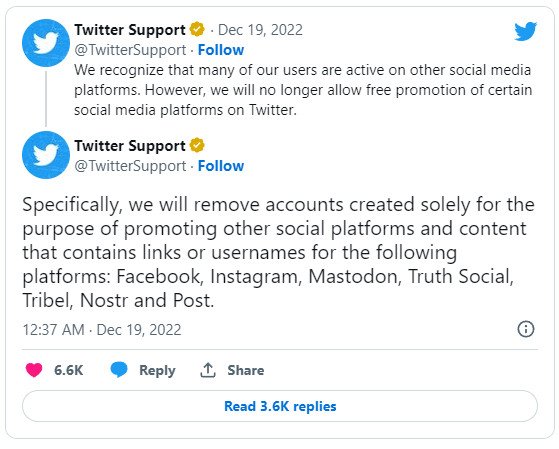 Hình ảnh thông báo chính thức từ Twitter về việc chặn liên kết các mạng xã hội đối thủ như Facebook, Instagram, Mastodon.