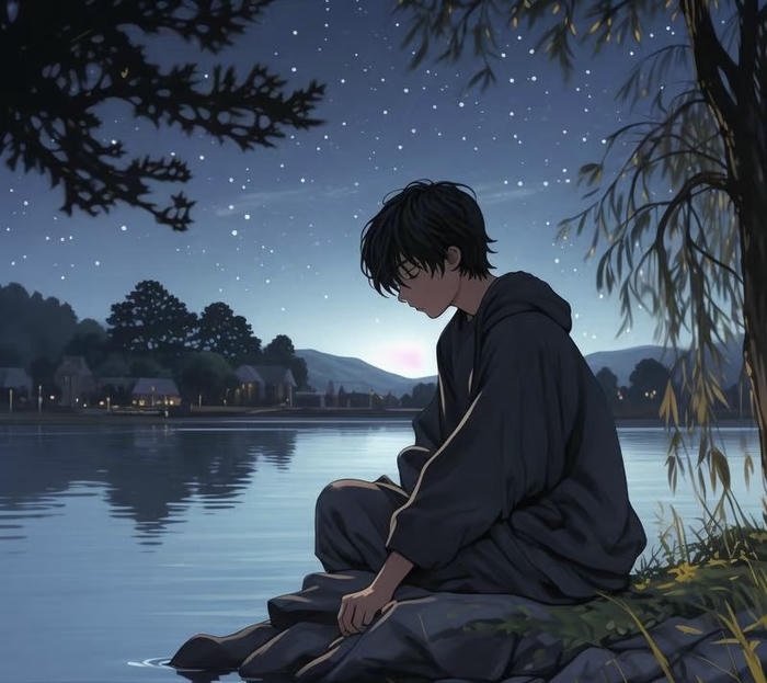 hình anime buồn nhìn xuống hồ
