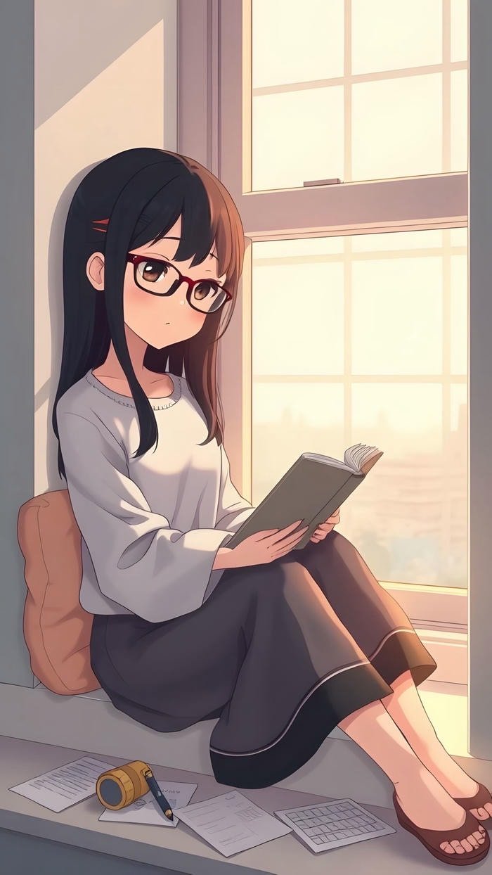hình anime đeo kính bên cửa sổ