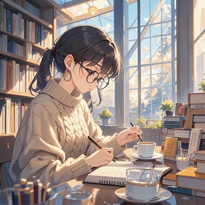 hình anime đeo kính học bài