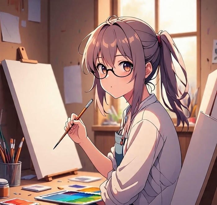 hình anime đeo kính vẽ tranh