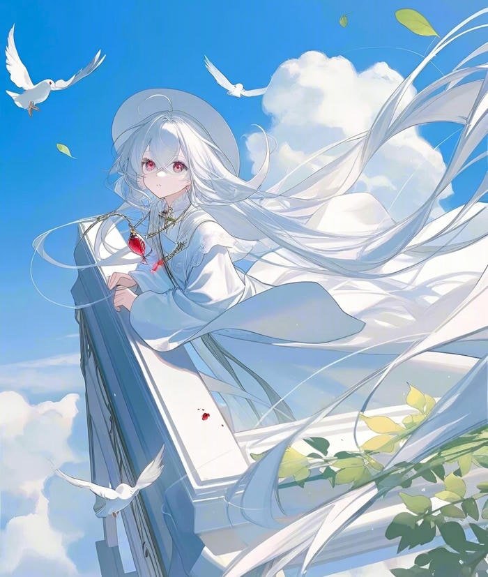 hình anime girl tóc trắng bay trong gió