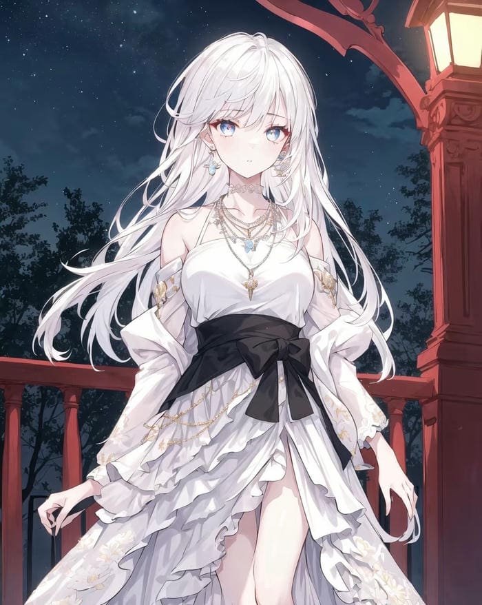 hình anime girl tóc trắng cạnh lan can