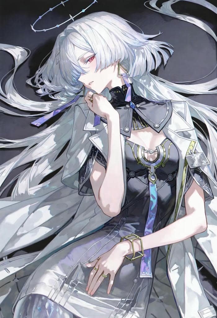 hình anime girl tóc trắng váy đen