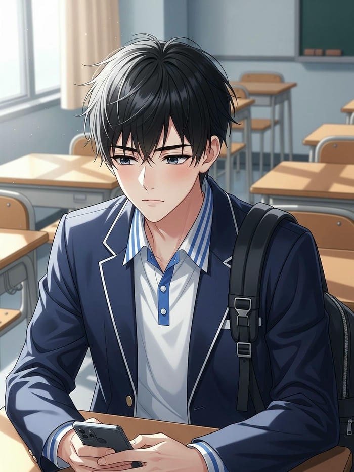 hình anime nam học sinh chơi điện thoại