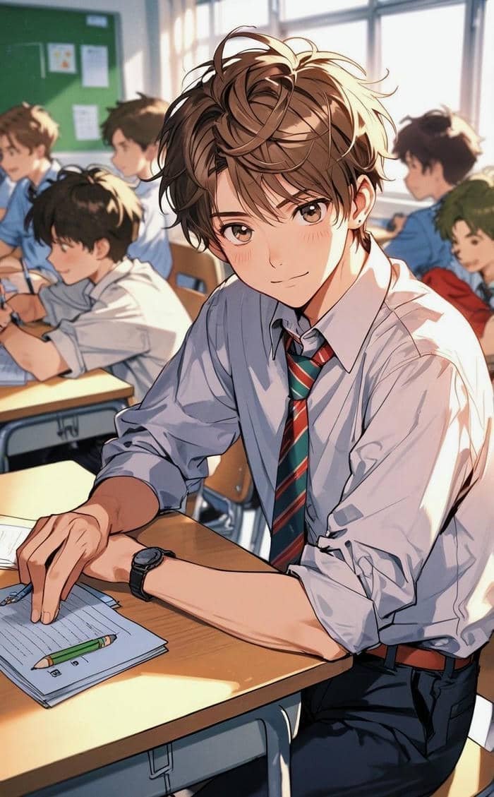 hình anime nam học sinh ngồi bàn học
