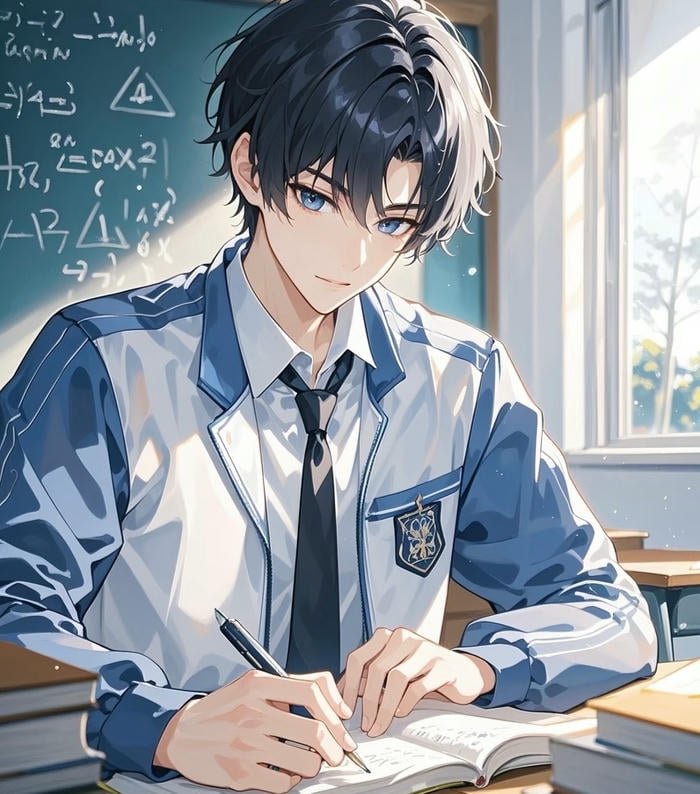 hình anime nam học sinh ngồi học bài
