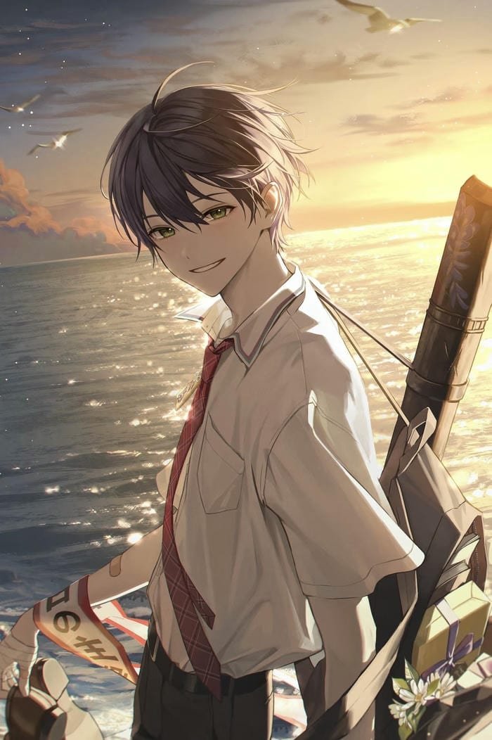 hình anime nam trong hoàng hôn biển