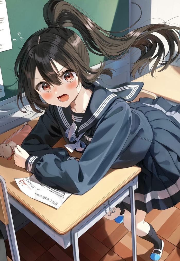 hình anime nữ học sinh đang ngạc nhiên mở to mắt