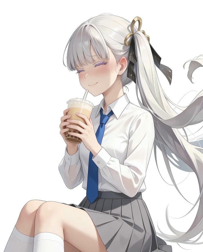 hình anime nữ học sinh uống trà sữa