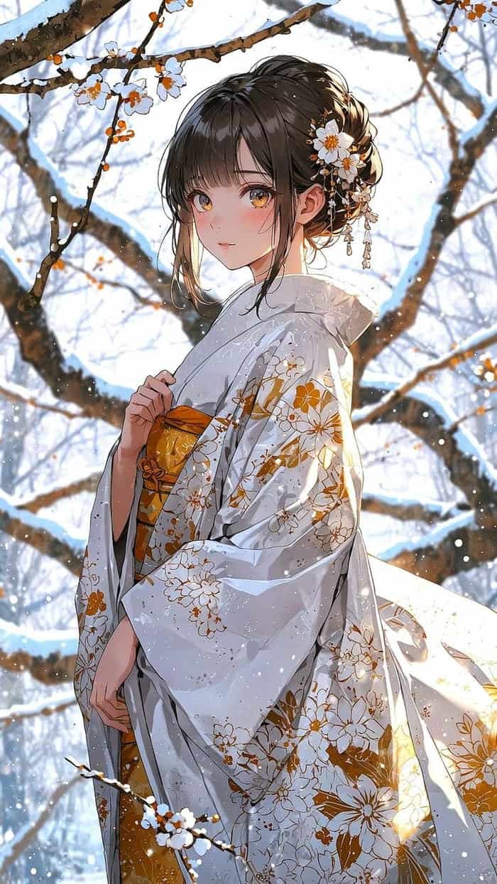 hình anime nữ kimono bối cảnh cổ