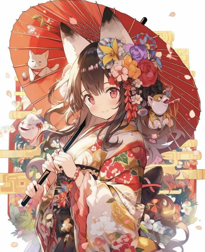 hình anime nữ kimono phong vị nhật bản