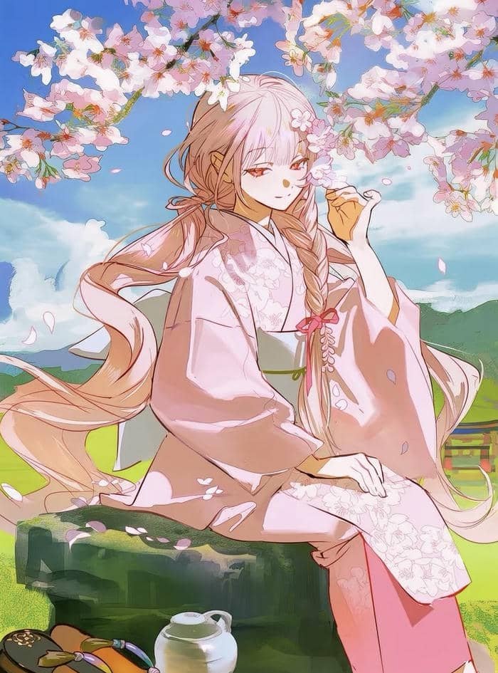 hình anime nữ mặc kimono mùa xuân