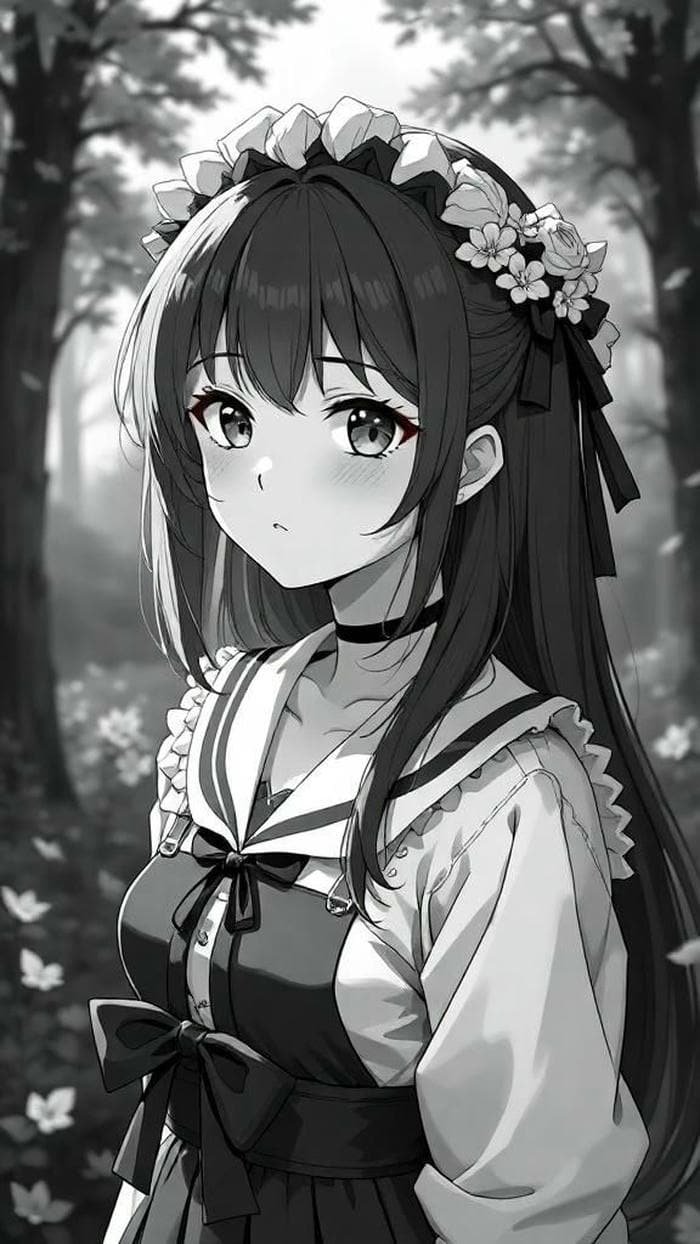 hình anime nữ trắng đen ánh mắt