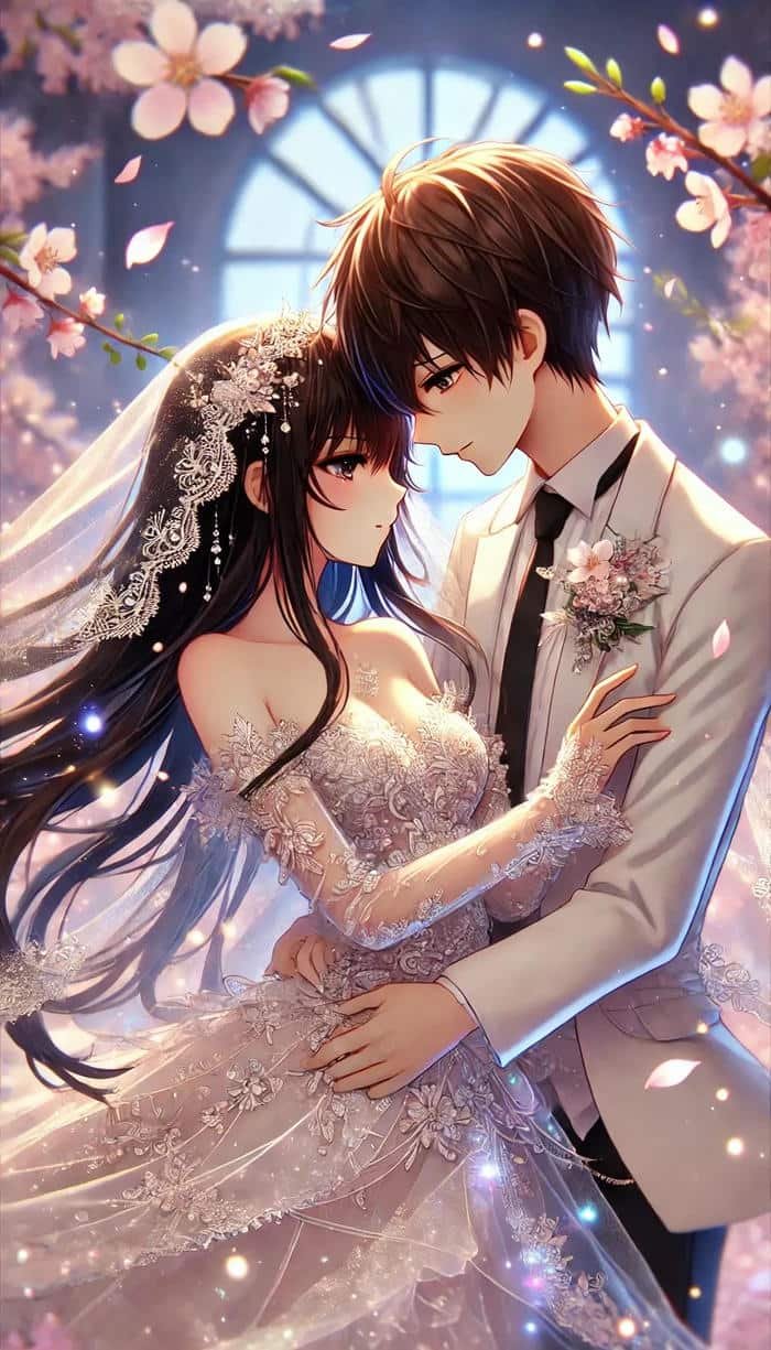 hình cưới anime dưới cây anh đào lãng mạn