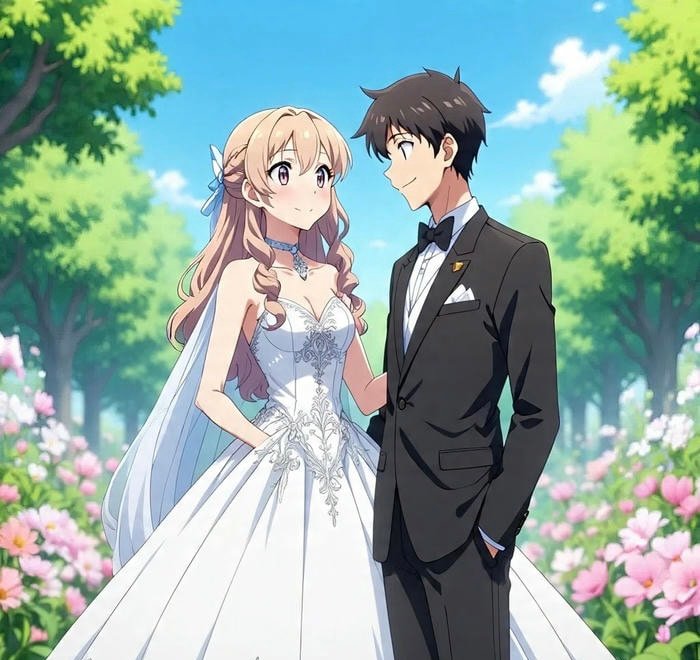 hình cưới anime trong vườn hoa