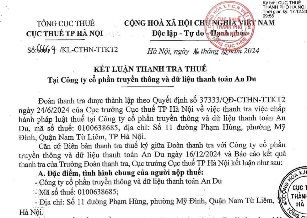 Kết luận thanh tra thuế Công ty An Du từ Cục thuế Hà Nội