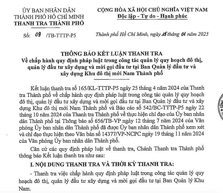 Kết luận thanh tra về sai phạm tại Khu đô thị Phú Mỹ Hưng